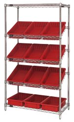 The Quantum Bin Systems Unit is a sturdy, stationary industrial shelving structure with a chrome-plated finish. It includes four posts, two flat wire shelves, three slanted wire shelves, and twelve 16-1/2L x 10-7/8W x 3-1/2H red bins (DG92035), suitable for dry storage applications.