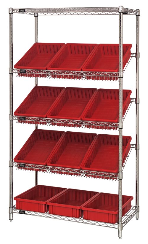The Quantum Bin Systems Unit is a sturdy, stationary industrial shelving structure with a chrome-plated finish. It includes four posts, two flat wire shelves, three slanted wire shelves, and twelve 16-1/2L x 10-7/8W x 3-1/2H red bins (DG92035), suitable for dry storage applications.