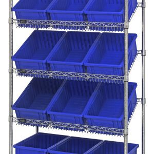 The Quantum Bin Systems Unit features (3) slanted and (2) flat wire shelves, holds twelve 16-1/2L x 10-7/8W x 6H bins (DG92060), and includes four stationary posts for support. Its ideal for dry storage and organization with a chrome-plated finish. Shipped KD.