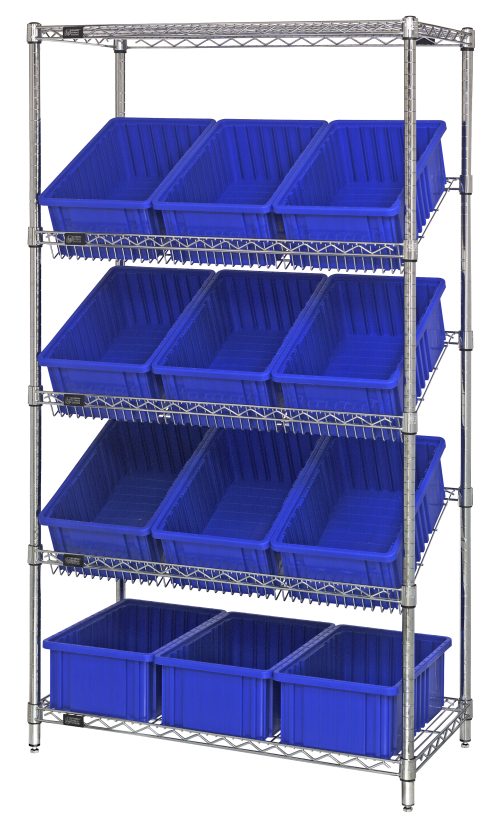 The Quantum Bin Systems Unit features (3) slanted and (2) flat wire shelves, holds twelve 16-1/2L x 10-7/8W x 6H bins (DG92060), and includes four stationary posts for support. Its ideal for dry storage and organization with a chrome-plated finish. Shipped KD.