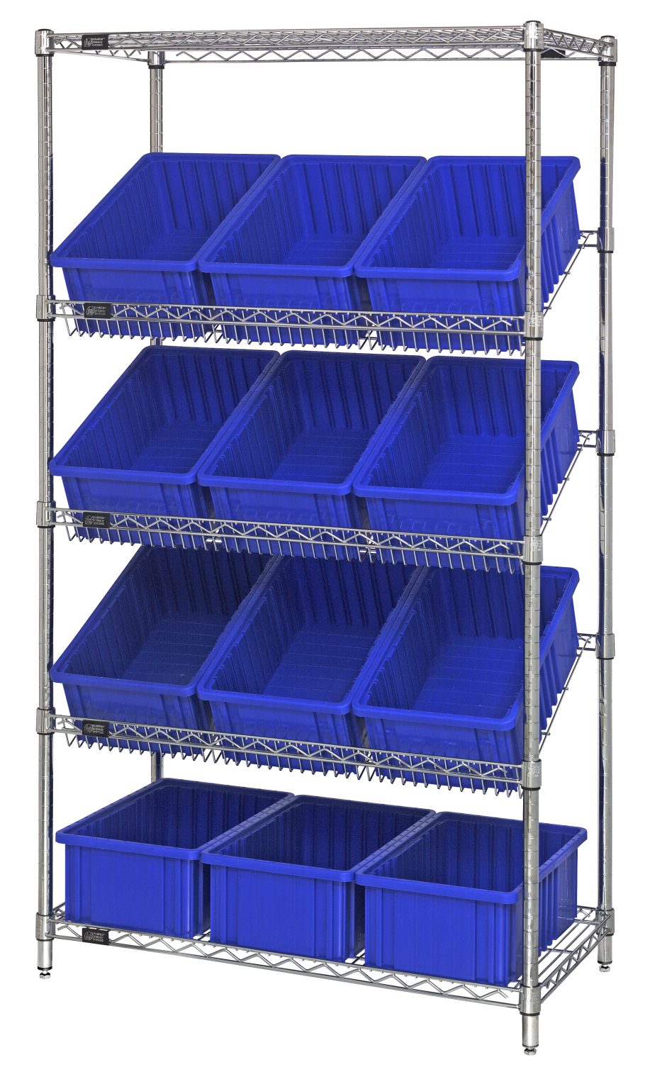 Chrome wire shelving unit with four shelves of blue dividable grid containers