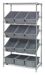 The Quantum Bin Systems Unit is stationary and includes 4 posts, 2 flat wire shelves, 3 slanted wire shelves, and twelve 16-1/2L x 10-7/8W x 6H bins (DG92060) with a grid-like chrome-plated finish. This makes it an ideal choice for organized dry storage solutions.