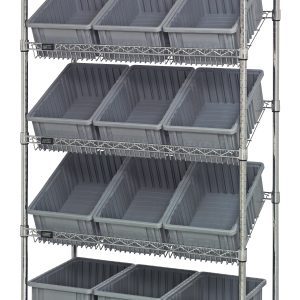 The Quantum Bin Systems Unit is stationary and includes 4 posts, 2 flat wire shelves, 3 slanted wire shelves, and twelve 16-1/2L x 10-7/8W x 6H bins (DG92060) with a grid-like chrome-plated finish. This makes it an ideal choice for organized dry storage solutions.