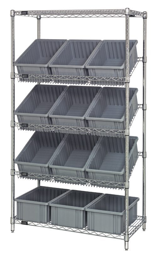The Quantum Bin Systems Unit is stationary and includes 4 posts, 2 flat wire shelves, 3 slanted wire shelves, and twelve 16-1/2L x 10-7/8W x 6H bins (DG92060) with a grid-like chrome-plated finish. This makes it an ideal choice for organized dry storage solutions.