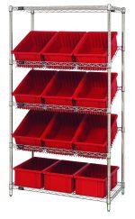 The Quantum Bin Systems Unit includes four posts, two flat wire shelves, three slanted wire shelves, and twelve 16-1/2L x 10-7/8W x 6H red bins. This chrome-plated unit ensures easy access with an industrial-style design suitable for dry storage applications.