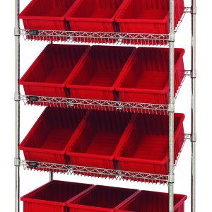 The Quantum Bin Systems Unit includes four posts, two flat wire shelves, three slanted wire shelves, and twelve 16-1/2L x 10-7/8W x 6H red bins. This chrome-plated unit ensures easy access with an industrial-style design suitable for dry storage applications.