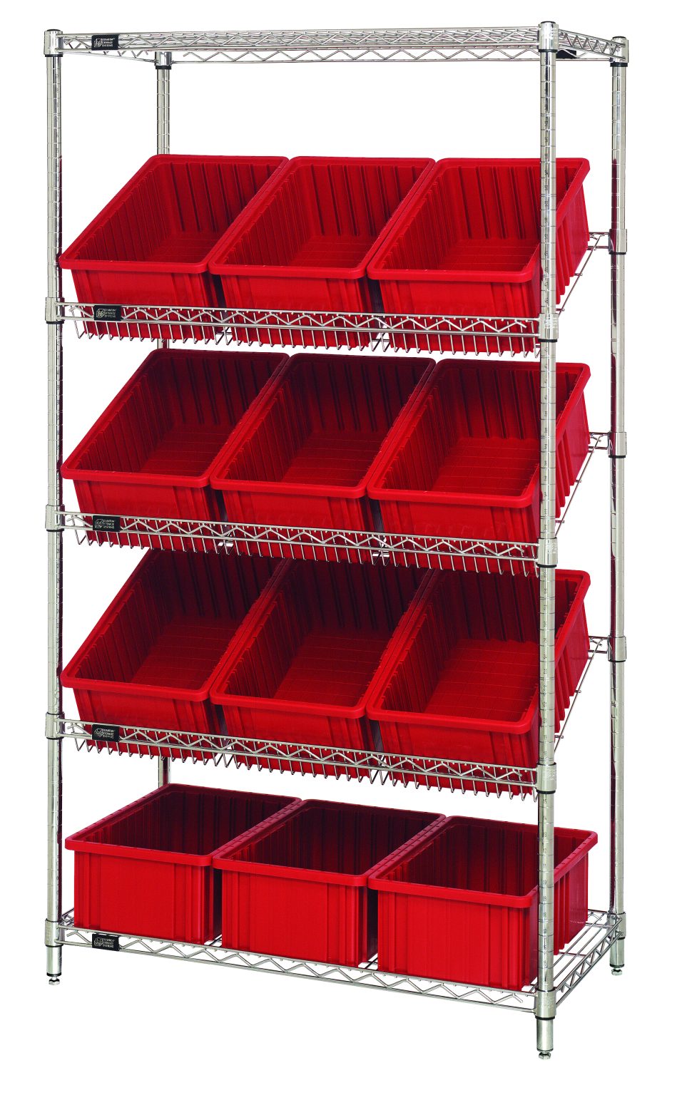 Chrome wire shelving unit with flat and slanted shelves holding red dividable grid containers