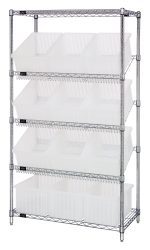 The Quantum Bin Systems Unit features a stationary, 36W x 18D x 63H metal frame with two flat wire shelves and three slanted wire shelves, each supporting multiple angled clear bins (16-1/2W x 10-7/8D x 8H), ideal for organized storage and easy access. Chrome finish, NSF certified.