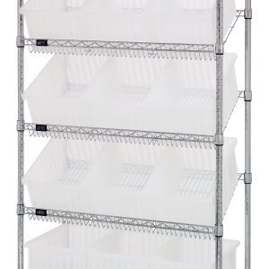The Quantum Bin Systems Unit features a stationary, 36W x 18D x 63H metal frame with two flat wire shelves and three slanted wire shelves, each supporting multiple angled clear bins (16-1/2W x 10-7/8D x 8H), ideal for organized storage and easy access. Chrome finish, NSF certified.