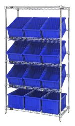 The Quantum Bin Systems Unit includes four posts, two flat wire shelves, and three slanted wire shelves supporting twelve large blue bins (16-1/2L x 10-7/8W x 8H). The sturdy metal shelving unit with a chrome-plated finish is suitable for dry storage applications.