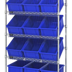 The Quantum Bin Systems Unit includes four posts, two flat wire shelves, and three slanted wire shelves supporting twelve large blue bins (16-1/2L x 10-7/8W x 8H). The sturdy metal shelving unit with a chrome-plated finish is suitable for dry storage applications.