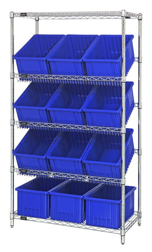 The Quantum Bin Systems Unit includes four posts, two flat wire shelves, and three slanted wire shelves supporting twelve large blue bins (16-1/2L x 10-7/8W x 8H). The sturdy metal shelving unit with a chrome-plated finish is suitable for dry storage applications.