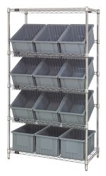 The Quantum Bin Systems Unit is a stationary, chrome-plated shelving unit with four tiers, including two flat and three slanted wire shelves. It features twelve gray bins, each 16-1/2L x 10-7/8W x 8H, providing open-top access and efficient dry storage.