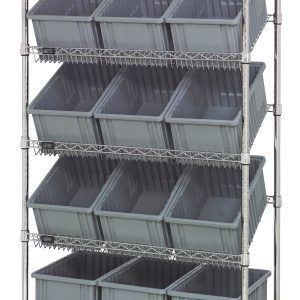 The Quantum Bin Systems Unit is a stationary, chrome-plated shelving unit with four tiers, including two flat and three slanted wire shelves. It features twelve gray bins, each 16-1/2L x 10-7/8W x 8H, providing open-top access and efficient dry storage.