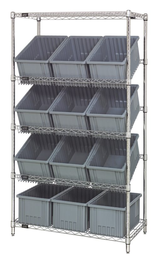 The Quantum Bin Systems Unit is a stationary, chrome-plated shelving unit with four tiers, including two flat and three slanted wire shelves. It features twelve gray bins, each 16-1/2L x 10-7/8W x 8H, providing open-top access and efficient dry storage.