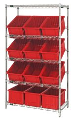 A stationary Quantum Bin Systems unit features two flat and three slanted wire shelves, holding twelve large red bins (DG92080) measuring 16-1/2L x 10-7/8W x 8H. With a simple industrial design, it includes four sturdy posts and has a chrome plated finish, suitable for dry storage.