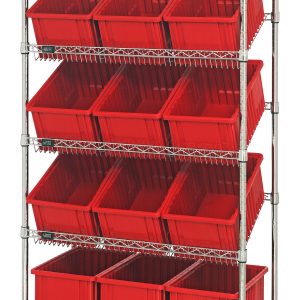 A stationary Quantum Bin Systems unit features two flat and three slanted wire shelves, holding twelve large red bins (DG92080) measuring 16-1/2L x 10-7/8W x 8H. With a simple industrial design, it includes four sturdy posts and has a chrome plated finish, suitable for dry storage.