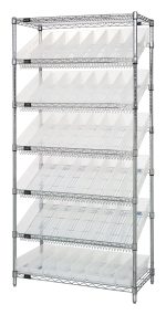 The Quantum Bin Systems Unit, stationary at 36W x 18D x 74H, includes two flat and five slanted wire shelves, four posts, and 48 clear bins (17-7/8W x 4-1/8D x 4H). Its chrome-plated finish allows easy access and visibility, perfect for organizing various items.