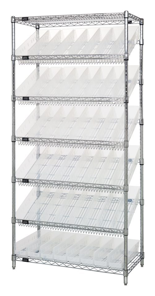 The Quantum Bin Systems Unit, stationary at 36W x 18D x 74H, includes two flat and five slanted wire shelves, four posts, and 48 clear bins (17-7/8W x 4-1/8D x 4H). Its chrome-plated finish allows easy access and visibility, perfect for organizing various items.