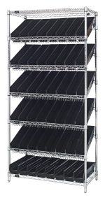 The Quantum Bin Systems Unit, measuring 36W x 18D x 74H, features (2) flat and (5) slanted wire shelves with an open-framed design. It includes (4) posts and (48) 17-7/8W x 4-1/8D x 4H black bins (QSB103), all in a chrome-plated finish.