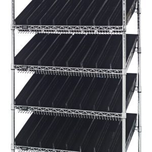 The Quantum Bin Systems Unit, measuring 36W x 18D x 74H, features (2) flat and (5) slanted wire shelves with an open-framed design. It includes (4) posts and (48) 17-7/8W x 4-1/8D x 4H black bins (QSB103), all in a chrome-plated finish.