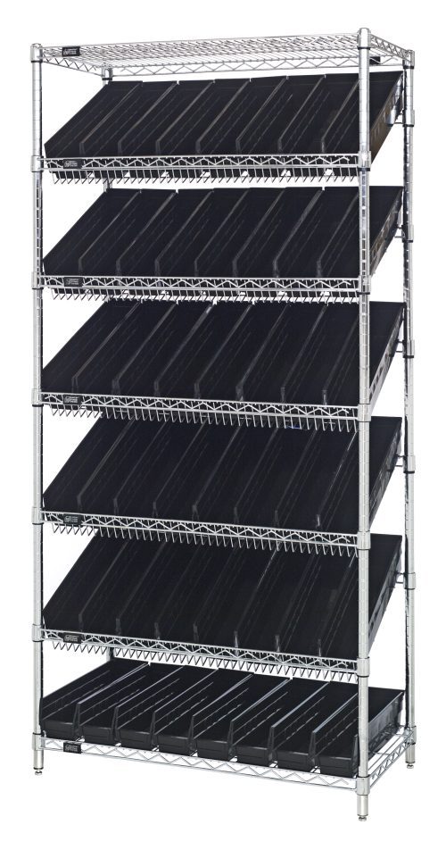 The Quantum Bin Systems Unit, measuring 36W x 18D x 74H, features (2) flat and (5) slanted wire shelves with an open-framed design. It includes (4) posts and (48) 17-7/8W x 4-1/8D x 4H black bins (QSB103), all in a chrome-plated finish.