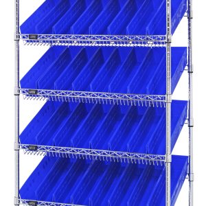 The Quantum Bin Systems Unit includes a metal storage rack with four posts, two flat wire shelves, and five slanted wire shelves measuring 36W x 18D x 74H. It features 48 blue bins (17-7/8W x 4-1/8D x 4H) angled for easy access, perfect for efficient item organization and storage.