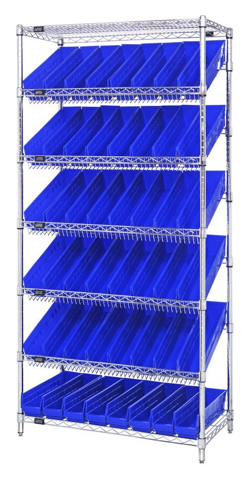 The Quantum Bin Systems Unit includes a metal storage rack with four posts, two flat wire shelves, and five slanted wire shelves measuring 36W x 18D x 74H. It features 48 blue bins (17-7/8W x 4-1/8D x 4H) angled for easy access, perfect for efficient item organization and storage.