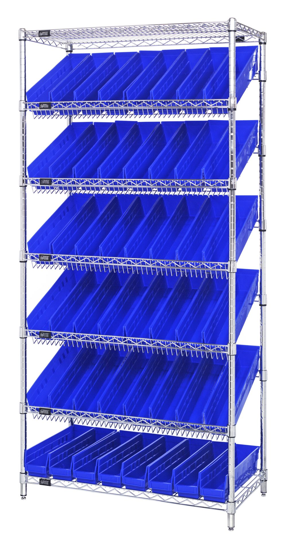 Chrome wire bin shelving unit with seven shelves of small blue shelf bins
