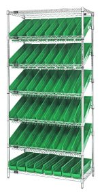 The Quantum Bin Systems Unit is stationary, measuring 36W x 18D x 74H, and includes two flat wire shelves, five slanted wire shelves, four posts, and forty-eight green bins (QSB103). It has a chrome-plated finish and offers efficient organization with ample storage. NSF certified, shipped KD.