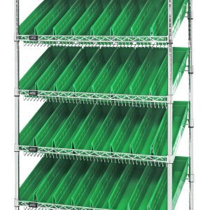 The Quantum Bin Systems Unit is stationary, measuring 36W x 18D x 74H, and includes two flat wire shelves, five slanted wire shelves, four posts, and forty-eight green bins (QSB103). It has a chrome-plated finish and offers efficient organization with ample storage. NSF certified, shipped KD.