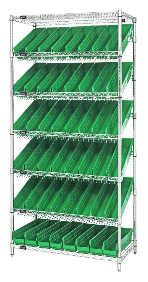 The Quantum Bin Systems Unit is stationary, measuring 36W x 18D x 74H, and includes two flat wire shelves, five slanted wire shelves, four posts, and forty-eight green bins (QSB103). It has a chrome-plated finish and offers efficient organization with ample storage. NSF certified, shipped KD.