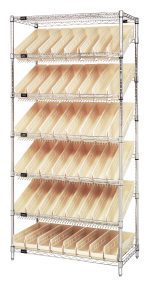 The Quantum Bin Systems Unit is a stationary 36W x 18D x 74H shelving unit with five slanted and two flat wire shelves supported by four posts. It features 48 ivory bins, each measuring 17-7/8W x 4-1/8D x 4H, ideal for organized storage, with a chrome-plated finish.