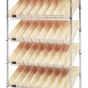 The Quantum Bin Systems Unit is a stationary 36W x 18D x 74H shelving unit with five slanted and two flat wire shelves supported by four posts. It features 48 ivory bins, each measuring 17-7/8W x 4-1/8D x 4H, ideal for organized storage, with a chrome-plated finish.