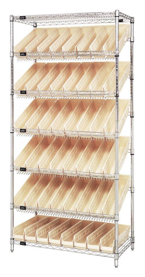 MWRS-7 103 Ivory The Quantum Bin Systems Unit is a stationary 36W x 18D x 74H shelving unit with five slanted and two flat wire shelves supported by four posts. It features 48 ivory bins, each measuring 17-7/8W x 4-1/8D x 4H, ideal for organized storage, with a chrome-plated finish.