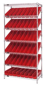 The Quantum Bin Systems Unit, measuring 36W x 18D x 74H, includes two flat wire shelves, five slanted wire shelves, four posts, and 48 red bins (QSB103). The chrome-plated rack stands empty against a plain background.