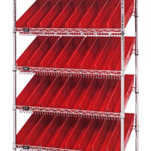 The Quantum Bin Systems Unit, measuring 36W x 18D x 74H, includes two flat wire shelves, five slanted wire shelves, four posts, and 48 red bins (QSB103). The chrome-plated rack stands empty against a plain background.