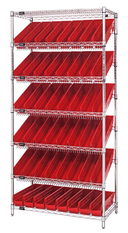 MWRS-7 103 Red The Quantum Bin Systems Unit, measuring 36W x 18D x 74H, includes two flat wire shelves, five slanted wire shelves, four posts, and 48 red bins (QSB103). The chrome-plated rack stands empty against a plain background.
