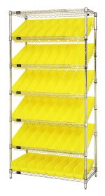 The Quantum Bin Systems Unit features a chrome-plated frame with two flat and five slanted wire shelves, four posts, and 48 yellow bins (QSB103). The unit measures 36W x 18D x 74H, providing a stationary setup for organized storage.