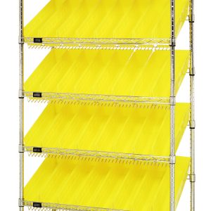 The Quantum Bin Systems Unit features a chrome-plated frame with two flat and five slanted wire shelves, four posts, and 48 yellow bins (QSB103). The unit measures 36W x 18D x 74H, providing a stationary setup for organized storage.