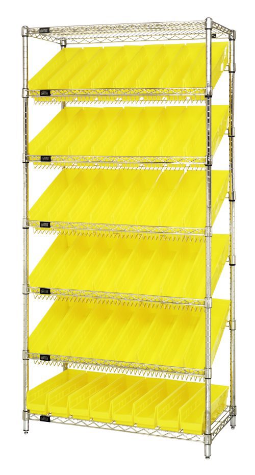 The Quantum Bin Systems Unit features a chrome-plated frame with two flat and five slanted wire shelves, four posts, and 48 yellow bins (QSB103). The unit measures 36W x 18D x 74H, providing a stationary setup for organized storage.