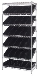 The Quantum Bin Systems Unit, measuring 36W x 18D x 74H, includes two flat wire shelves, five slanted wire shelves, four posts, and thirty black bins (QSB104) with a chrome-plated finish. Ideal for organizing small items or documents, its design ensures easy access and sturdy support.