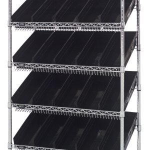 The Quantum Bin Systems Unit, measuring 36W x 18D x 74H, includes two flat wire shelves, five slanted wire shelves, four posts, and thirty black bins (QSB104) with a chrome-plated finish. Ideal for organizing small items or documents, its design ensures easy access and sturdy support.