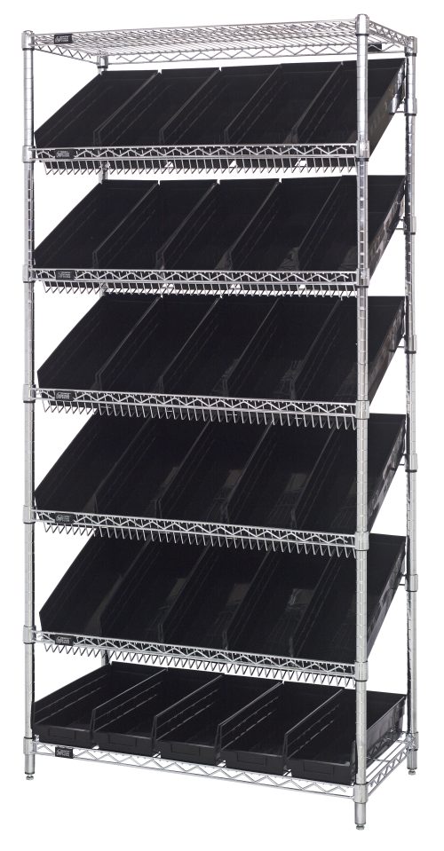 The Quantum Bin Systems Unit, measuring 36W x 18D x 74H, includes two flat wire shelves, five slanted wire shelves, four posts, and thirty black bins (QSB104) with a chrome-plated finish. Ideal for organizing small items or documents, its design ensures easy access and sturdy support.