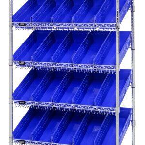 The Quantum Bin Systems Unit features a stationary design with two flat and five slanted wire shelves supported by four posts, holding 30 angled blue bins for easy access. Its open chrome-plated structure offers an industrial charm, measuring 36W x 18D x 74H.