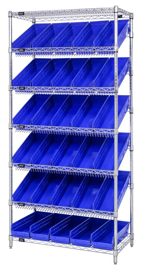 The Quantum Bin Systems Unit features a stationary design with two flat and five slanted wire shelves supported by four posts, holding 30 angled blue bins for easy access. Its open chrome-plated structure offers an industrial charm, measuring 36W x 18D x 74H.
