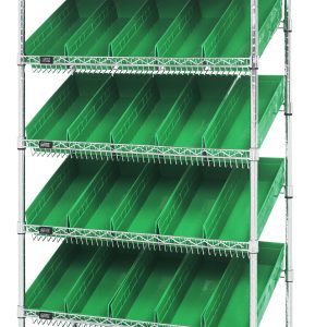 The Quantum Bin Systems Unit has a chrome-plated finish and measures 36W x 18D x 74H. It features (2) flat wire shelves, (5) slanted wire shelves, and (4) posts, accommodating (30) green plastic bins for efficient small part organization. NSF certified and shipped KD.