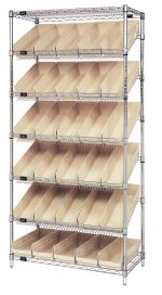 The Quantum Bin Systems Unit, measuring 36W x 18D x 74H, features (2) flat wire shelves, (5) slanted wire shelves, and (4) posts. It includes (30) ivory bins sized 17-7/8W x 6-5/8D x 4H. Finished in chrome and NSF-approved, it is shipped k.d for organized upright storage.