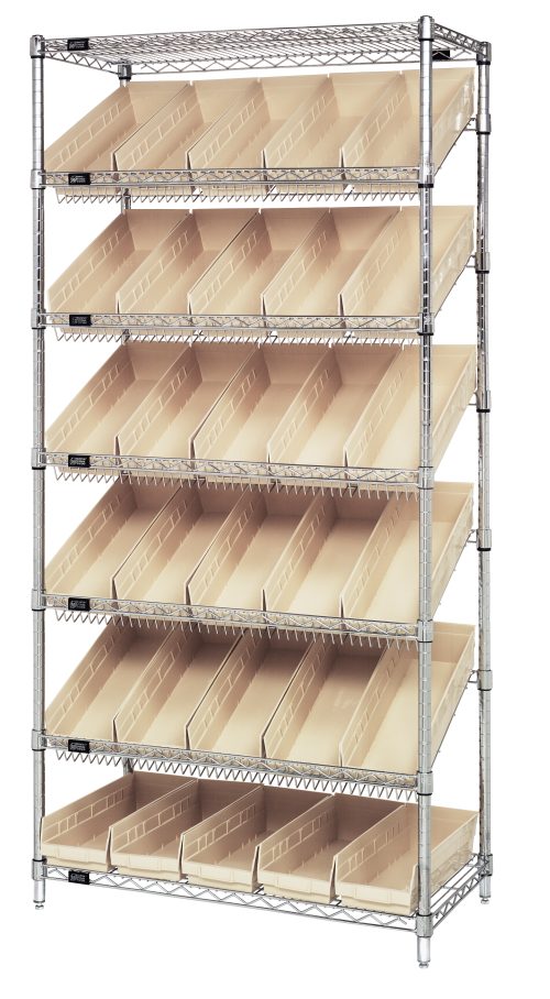 MWRS-7 108 Ivory The Quantum Bin Systems Unit, measuring 36W x 18D x 74H, features (2) flat wire shelves, (5) slanted wire shelves, and (4) posts. It includes (30) ivory bins sized 17-7/8W x 6-5/8D x 4H. Finished in chrome and NSF-approved, it is shipped k.d for organized upright storage.