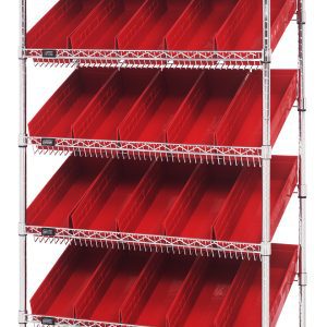 The Quantum Bin Systems Unit, measuring 36W x 18D x 74H, features a stationary design with four posts and a chrome finish. It includes two flat and five slanted wire shelves for easy access to the 30 red bins (17-7/8W x 6-5/8D x 4H), all against a white backdrop.